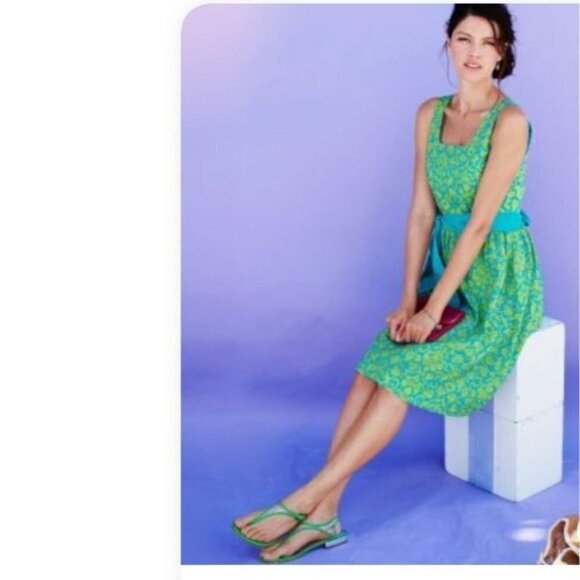 GARNET HILL Cotton Dress Size 8 Green Blue Boho Preppy Print Sleeveless Sash Tie - Picture 1 of 13